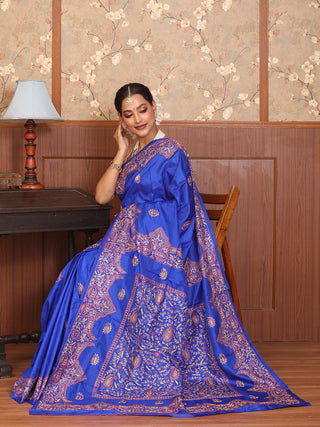 Royal Blue Bangalore Silk Saree with Intricate Kashmiri Embroidery