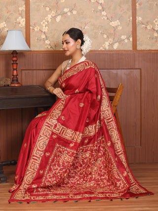 Red Bangalore Silk Saree with Exquisite Kashmiri Embroidery