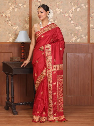 Red Bangalore Silk Saree with Exquisite Kashmiri Embroidery