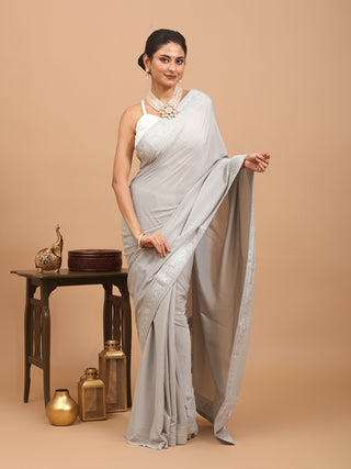 Light Grey Crepe Silk Saree with Kashmiri Tilla Embroidery