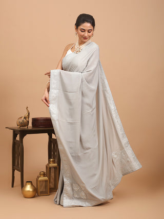 Light Grey Crepe Silk Saree with Kashmiri Tilla Embroidery