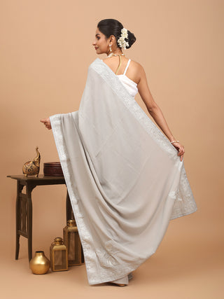Light Grey Crepe Silk Saree with Kashmiri Tilla Embroidery
