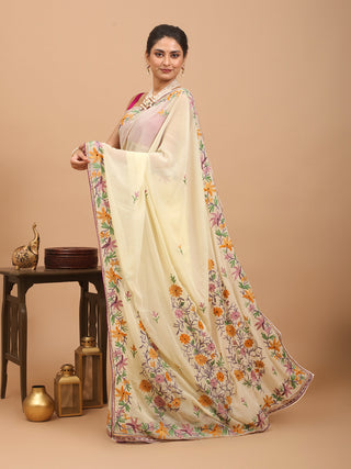 Elegant Pale Yellow Georgette Saree with Kashmiri Aari Embroidery