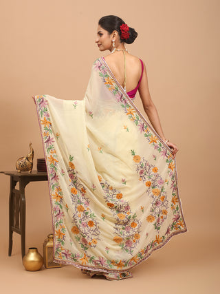 Elegant Pale Yellow Georgette Saree with Kashmiri Aari Embroidery