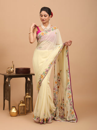 Elegant Pale Yellow Georgette Saree with Kashmiri Aari Embroidery
