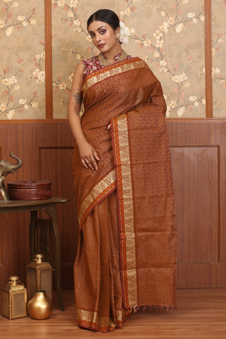 Earth Brown Kanchipuram Pure Cotton Saree