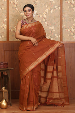 Rust Brown Kanchipuram Pure Cotton Saree