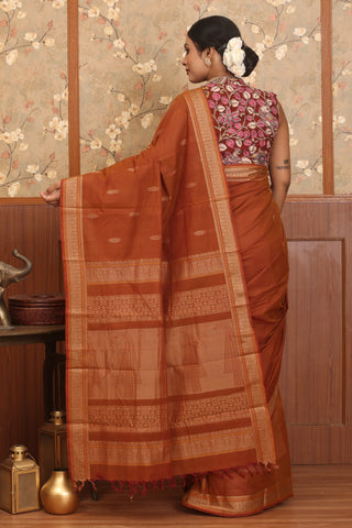 Rust Brown Kanchipuram Pure Cotton Saree