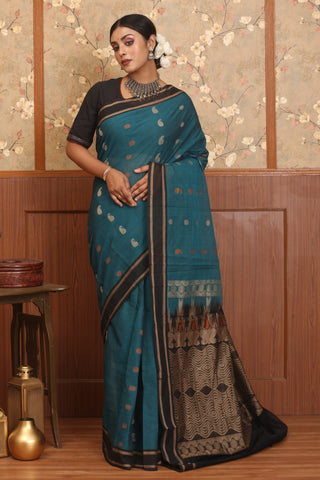 Blue-Black Kanchipuram Pure Cotton Saree