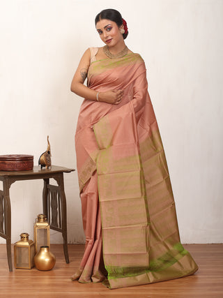 English Rose Pink and Light Green Kanjivaram Cotton Silk Saree