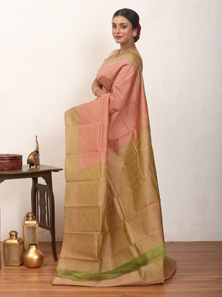 English Rose Pink and Light Green Kanjivaram Cotton Silk Saree