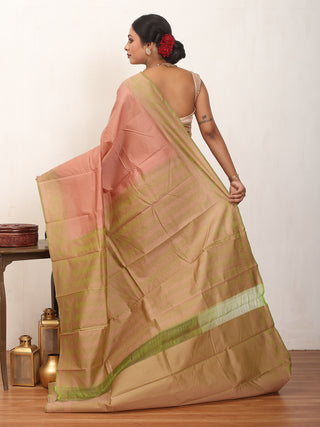 English Rose Pink and Light Green Kanjivaram Cotton Silk Saree