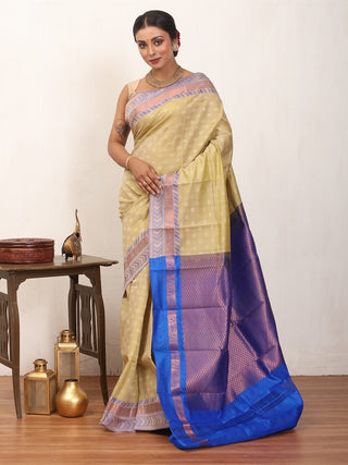 Light Green and Royal Blue Kanjivaram Cotton Silk Saree