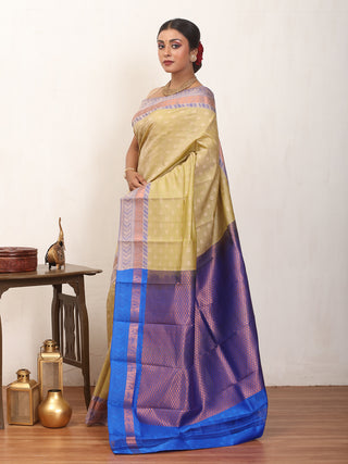 Light Green and Royal Blue Kanjivaram Cotton Silk Saree