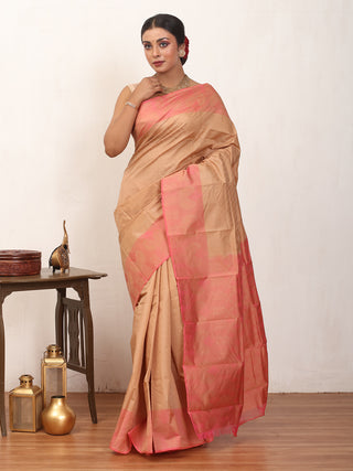 Sandal and English Rose Pink Kanjivaram Cotton Silk Saree
