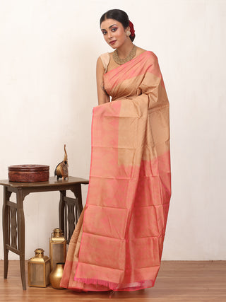 Sandal and English Rose Pink Kanjivaram Cotton Silk Saree