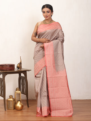 Grey and English Rose Pink Kanjivaram Cotton Silk Saree
