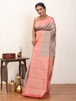Grey and English Rose Pink Kanjivaram Cotton Silk Saree