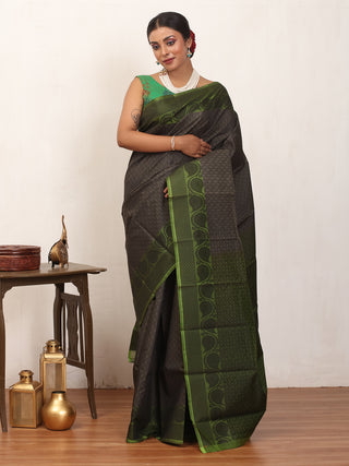 Charcoal Grey and Olive Green Kanjivaram Cotton Silk Saree