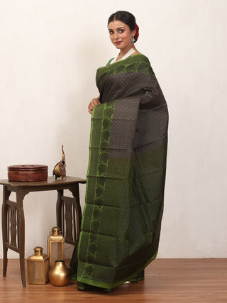 Charcoal Grey and Olive Green Kanjivaram Cotton Silk Saree