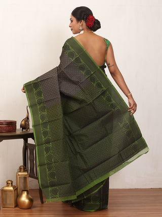Charcoal Grey and Olive Green Kanjivaram Cotton Silk Saree