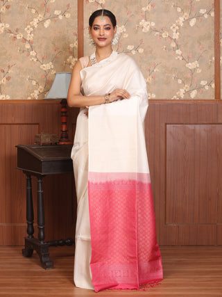 Cream and Strawberry Red Pure Kanjivaram Silk Saree