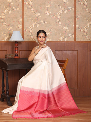 Cream and Strawberry Red Pure Kanjivaram Silk Saree