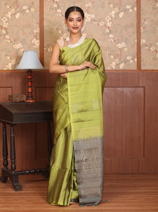 Olive Green and Grey Borderless Pure Kanjivaram Silk Saree