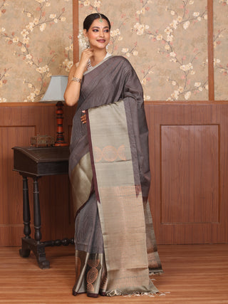 Coffee Brown Pure Kanjivaram Silk Saree with Grey Checks and Copper Zari