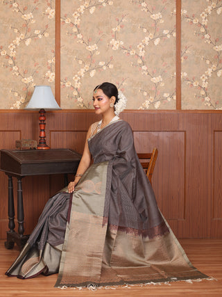 Coffee Brown Pure Kanjivaram Silk Saree with Grey Checks and Copper Zari