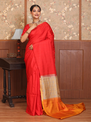 Vermillion Red Body with Orange Pallu Pure Kanjivaram Silk Saree