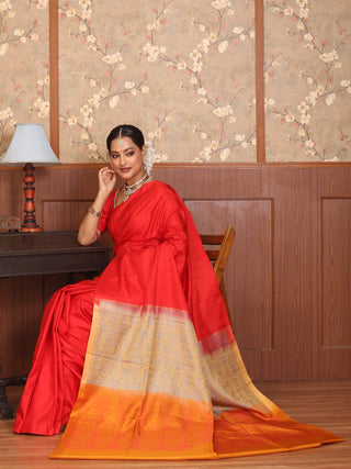 Vermillion Red Body with Orange Pallu Pure Kanjivaram Silk Saree