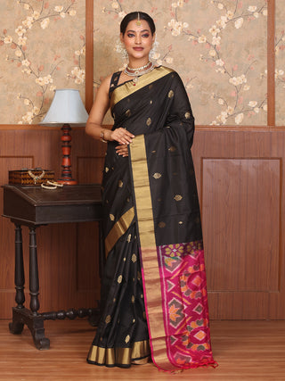 Black Pure Kanjivaram Silk Saree with Matte Gold Zari Border and Magenta Ikkat Pallu