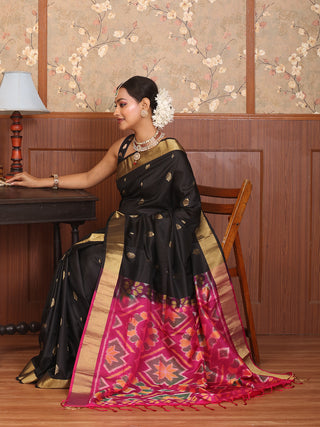 Black Pure Kanjivaram Silk Saree with Matte Gold Zari Border and Magenta Ikkat Pallu
