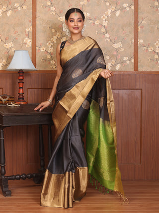 Grey Pure Kanjivaram Silk Saree with Matte Gold Zari Border and Green Pallu and Blouse