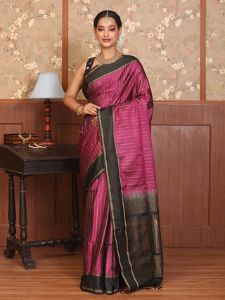 Magenta Pure Kanjivaram Silk Saree with Dark Military Green Black Border, Pallu, and Blouse