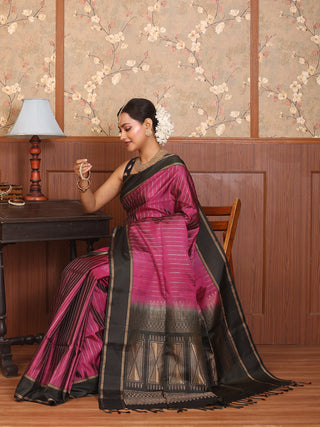 Magenta Pure Kanjivaram Silk Saree with Dark Military Green Black Border, Pallu, and Blouse