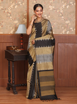 Black, Grey, and Gold Panelled Pure Kanjivaram Silk Saree with Silver Polka Butis