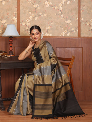 Black, Grey, and Gold Panelled Pure Kanjivaram Silk Saree with Silver Polka Butis