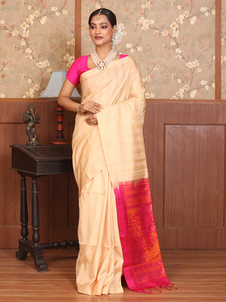 Sandal-Coloured Pure Kanjivaram Silk Saree with Fuchsia Pallu and Blouse