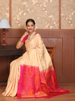 Sandal-Coloured Pure Kanjivaram Silk Saree with Fuchsia Pallu and Blouse