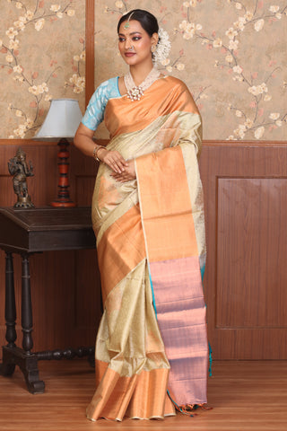 Beige Pure Kanjivaram Silk Saree with Turquoise Blue Pallu and Blouse