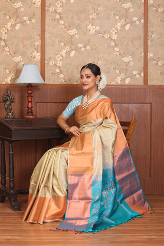 Beige Pure Kanjivaram Silk Saree with Turquoise Blue Pallu and Blouse