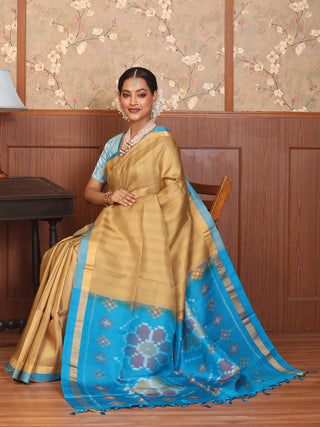 Light Gold Pure Kanjivaram Silk Saree with Turquoise Blue Border and Ikkat Pallu