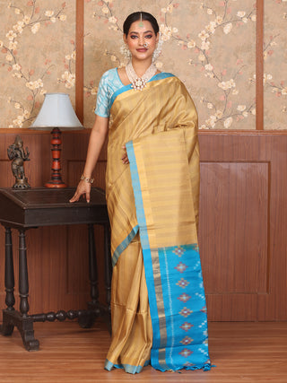 Light Gold Pure Kanjivaram Silk Saree with Turquoise Blue Border and Ikkat Pallu