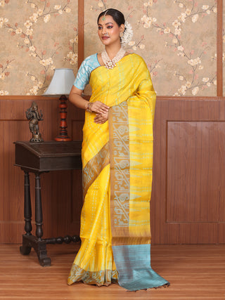 Yellow Pure Kanjivaram Silk Saree with Brown Border and Blue Pallu