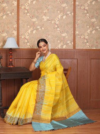 Yellow Pure Kanjivaram Silk Saree with Brown Border and Blue Pallu