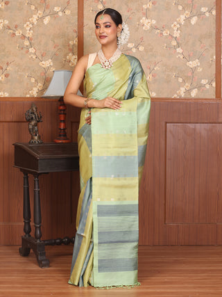 Pistachio Green, Grey, and Beige Panelled Pure Kanjivaram Silk Saree