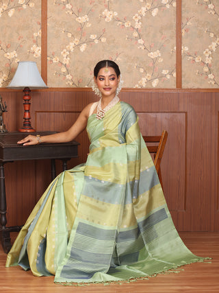 Pistachio Green, Grey, and Beige Panelled Pure Kanjivaram Silk Saree
