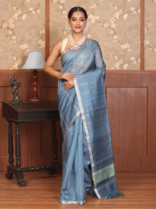 English Blue Pure Kanjivaram Silk Saree with Silver and Copper Zari Border